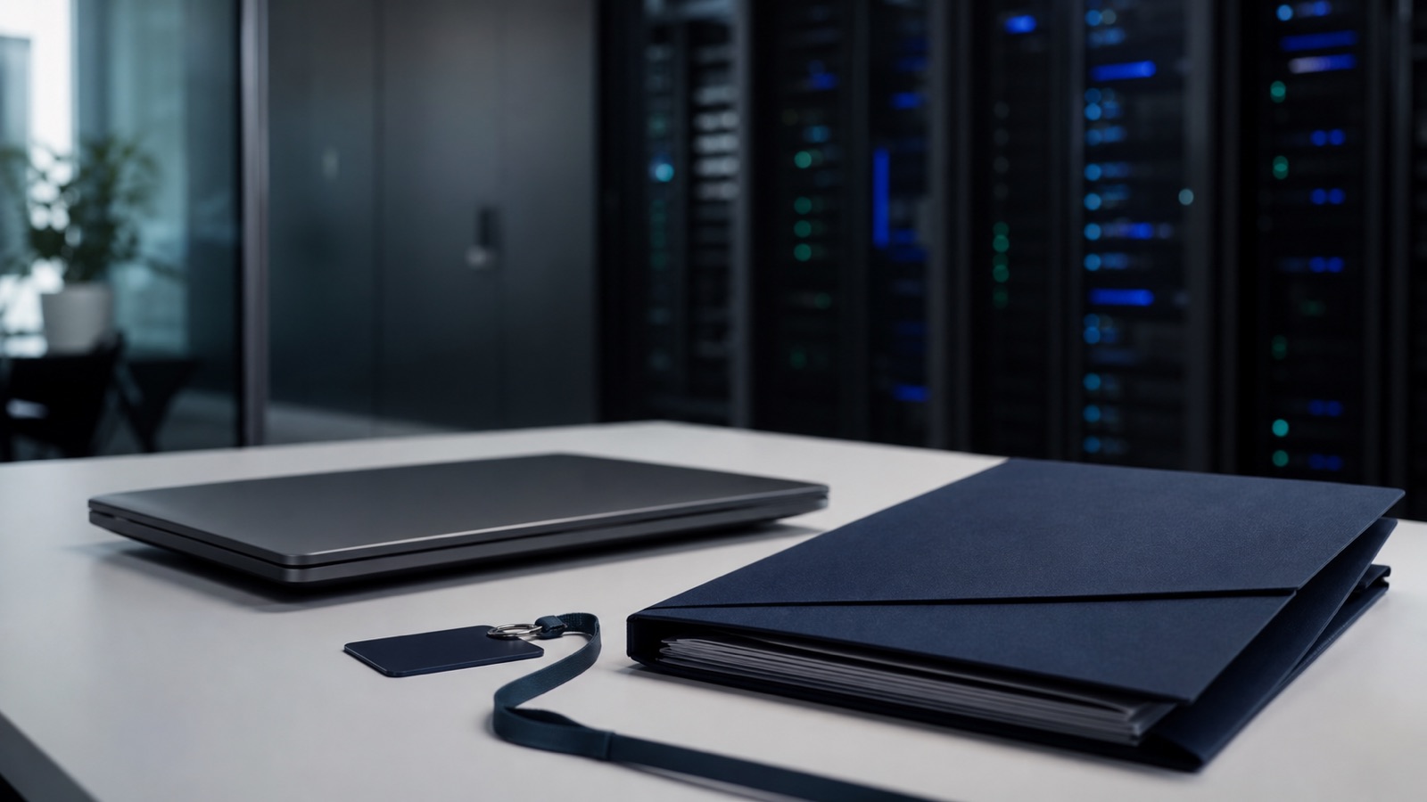 Folder z dokumentami NDA i zamknięty laptop przy serwerowni